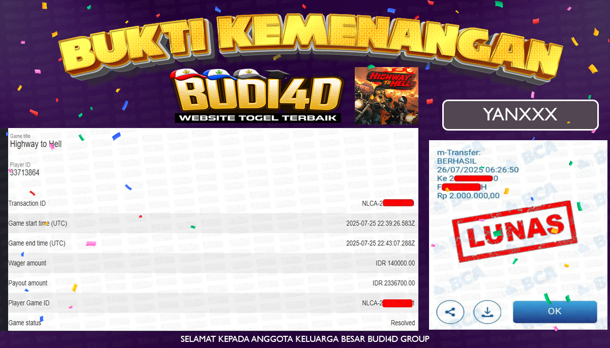 BUDI4D JACKPOT USERID : YAN*** SLOT NOLIMIT CITY HIGHWAY TO HELL Rp.2.000.000,- LUNAS